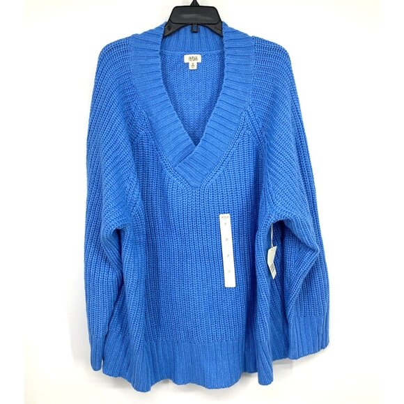 a.n.a Sweater Blue V Neck Ribbed Knit Long Sleeve Pullover - Picture 1 of 8